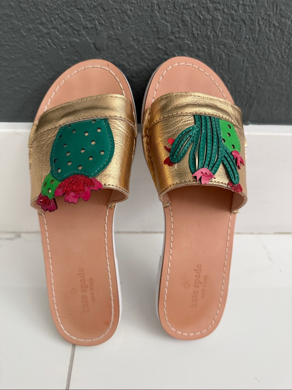 kate spade Gold Slide Mules with Green & Pink Cactus Appliqués Size 6 1/2